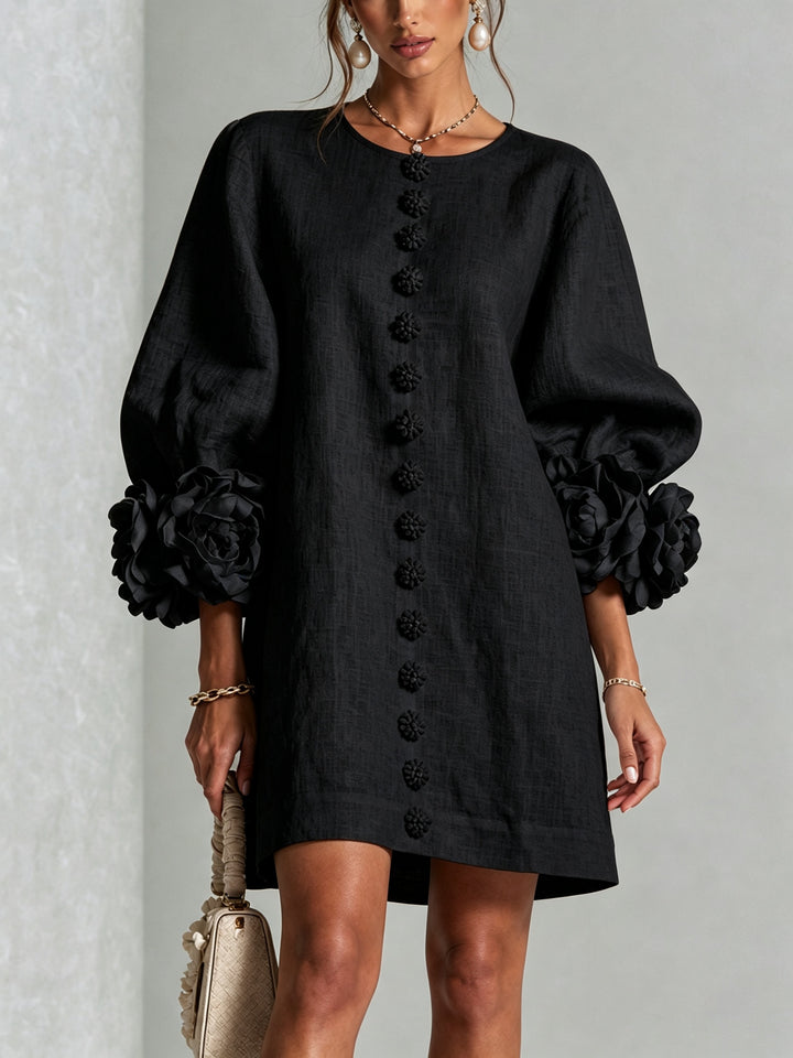 Women's Linen Mini Dress with Rose Cuffs Long Sleeve