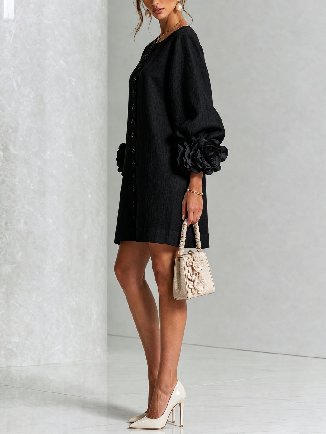 Women's Linen Mini Dress with Rose Cuffs Long Sleeve