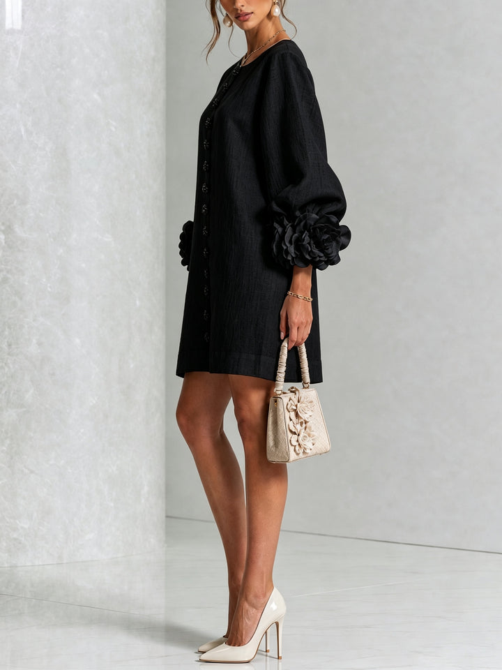 Women's Linen Mini Dress with Rose Cuffs Long Sleeve