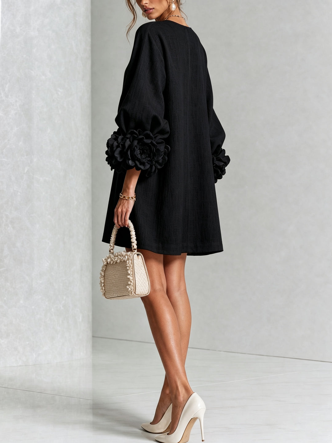 Women's Linen Mini Dress with Rose Cuffs Long Sleeve