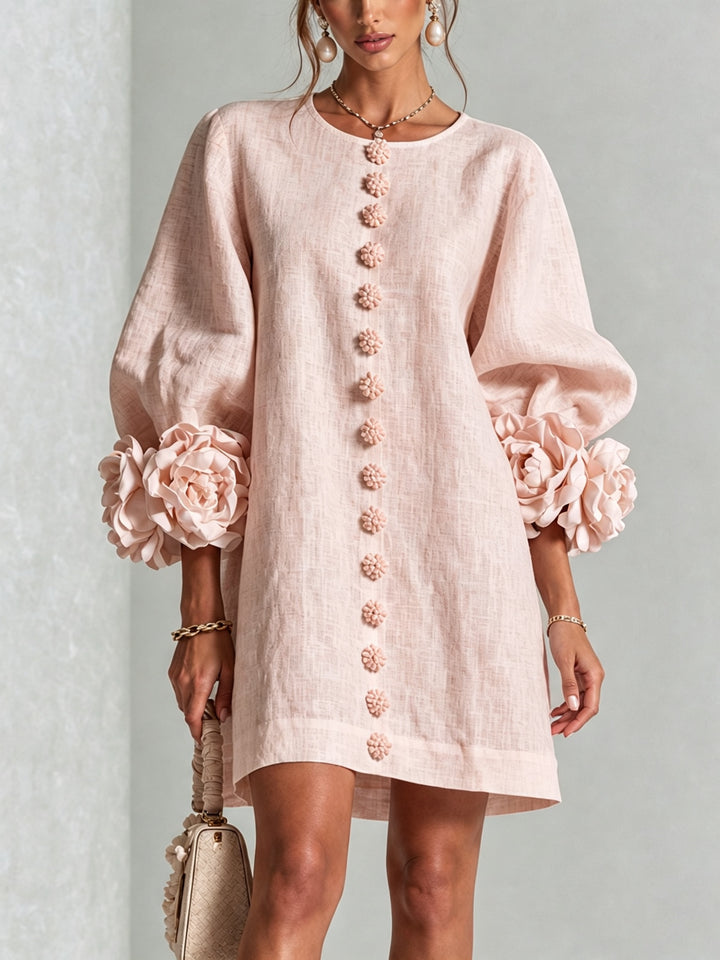 Women's Linen Mini Dress with Rose Cuffs Long Sleeve