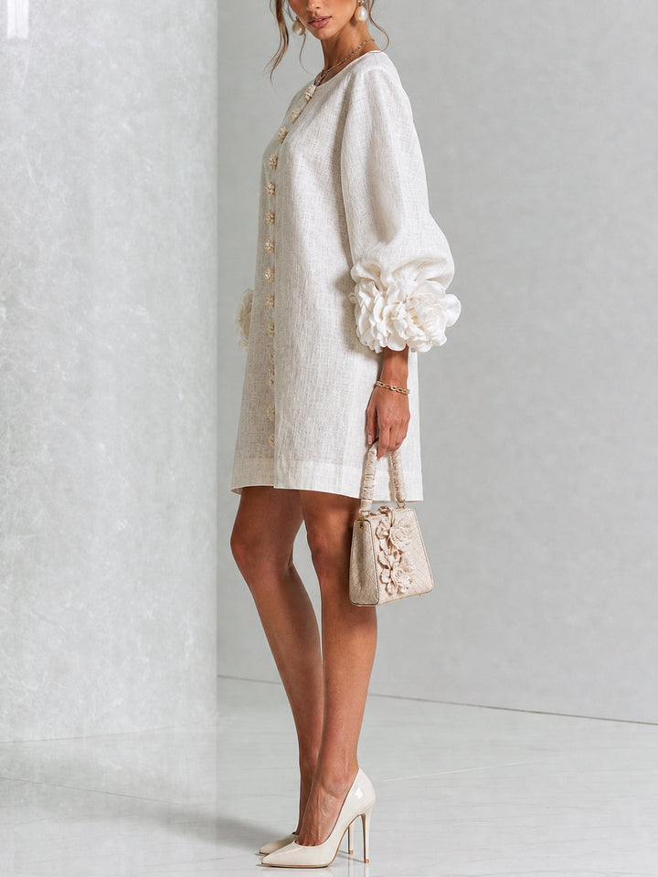Women's Linen Mini Dress with Rose Cuffs Long Sleeve