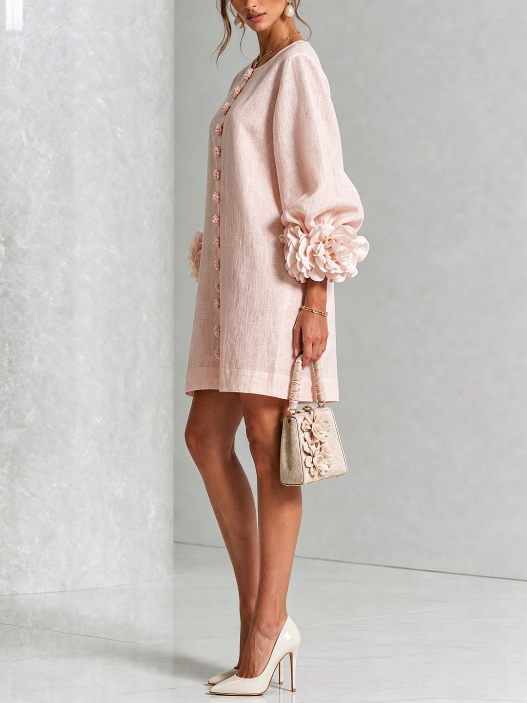 Women's Linen Mini Dress with Rose Cuffs Long Sleeve