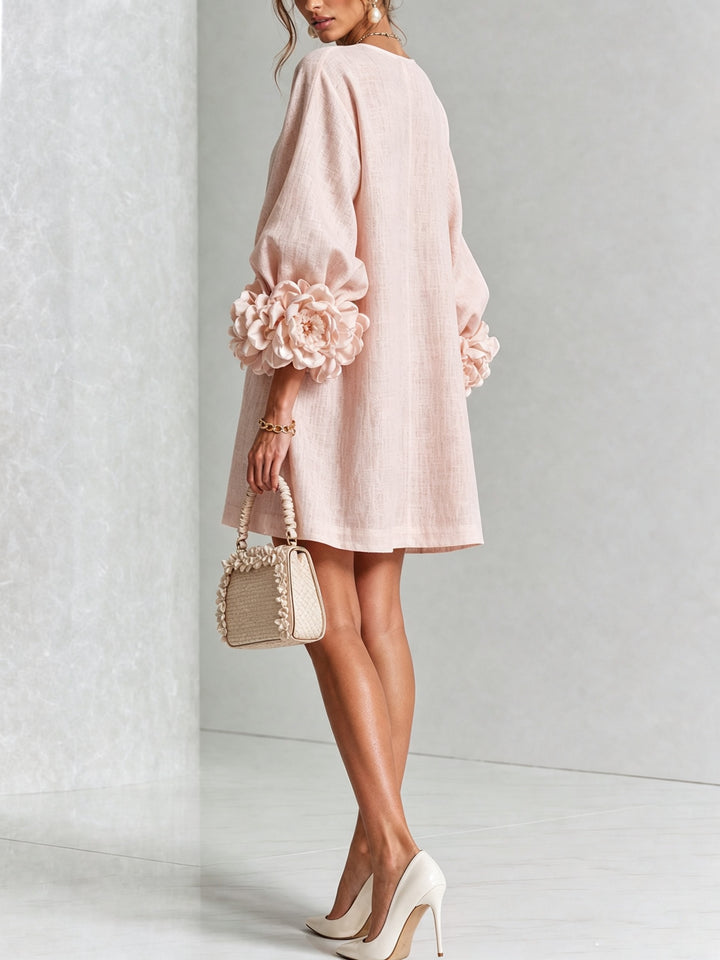 Women's Linen Mini Dress with Rose Cuffs Long Sleeve