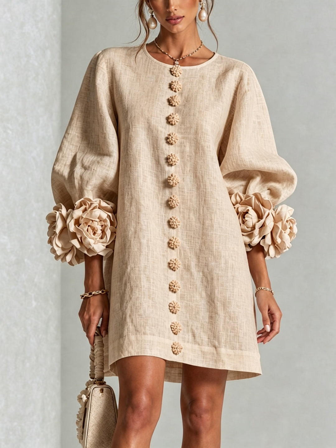 Women's Linen Mini Dress with Rose Cuffs Long Sleeve