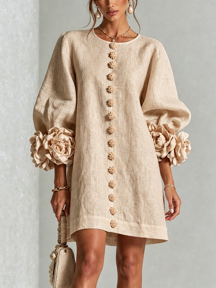 Women's Linen Mini Dress with Rose Cuffs Long Sleeve