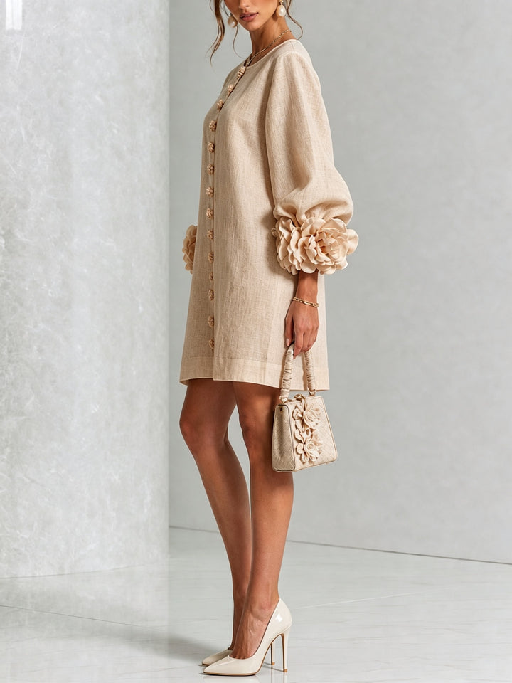 Women's Linen Mini Dress with Rose Cuffs Long Sleeve