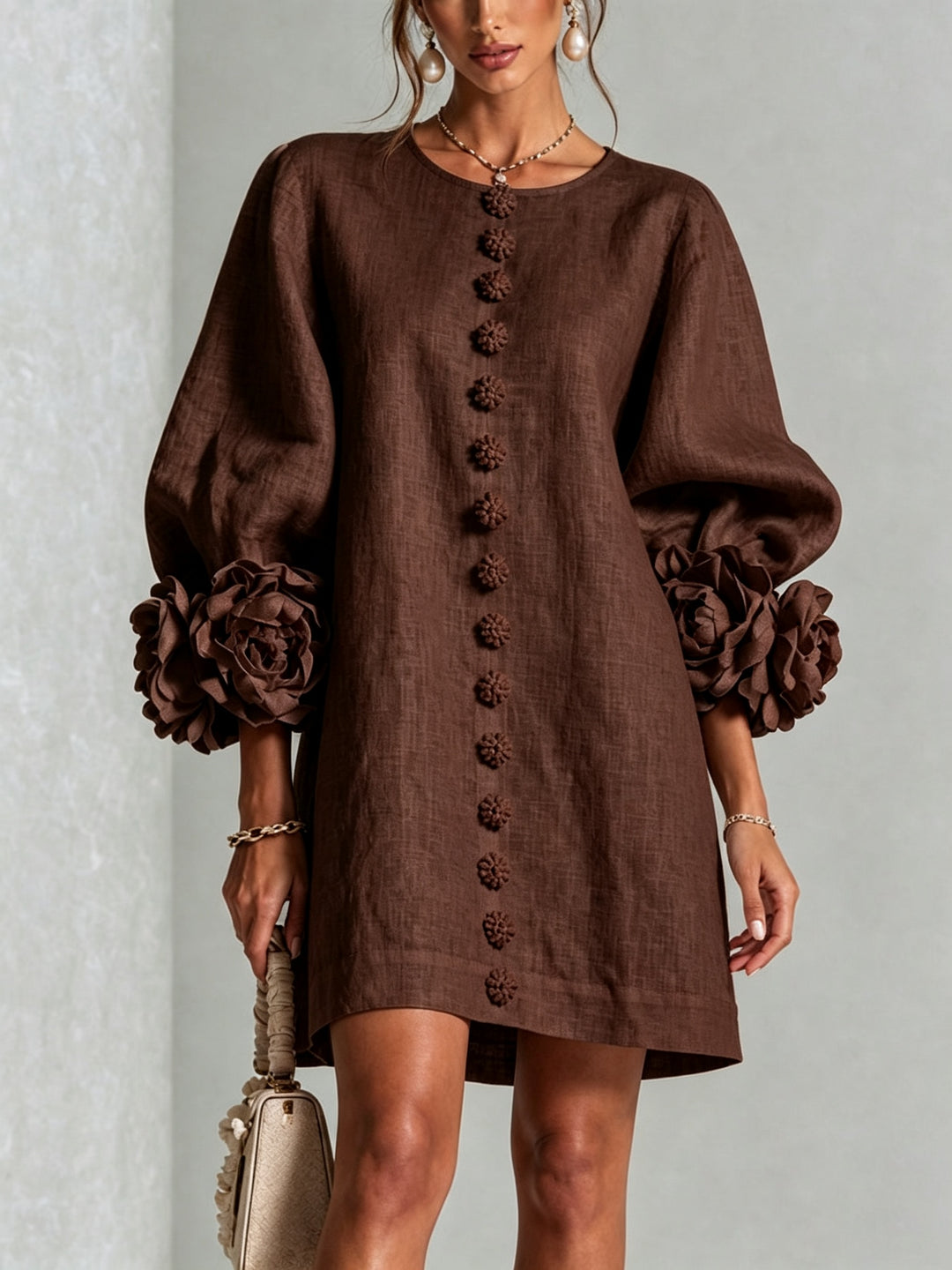 Women's Linen Mini Dress with Rose Cuffs Long Sleeve