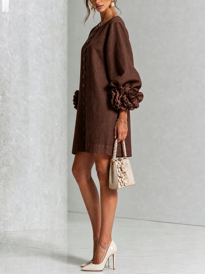 Women's Linen Mini Dress with Rose Cuffs Long Sleeve