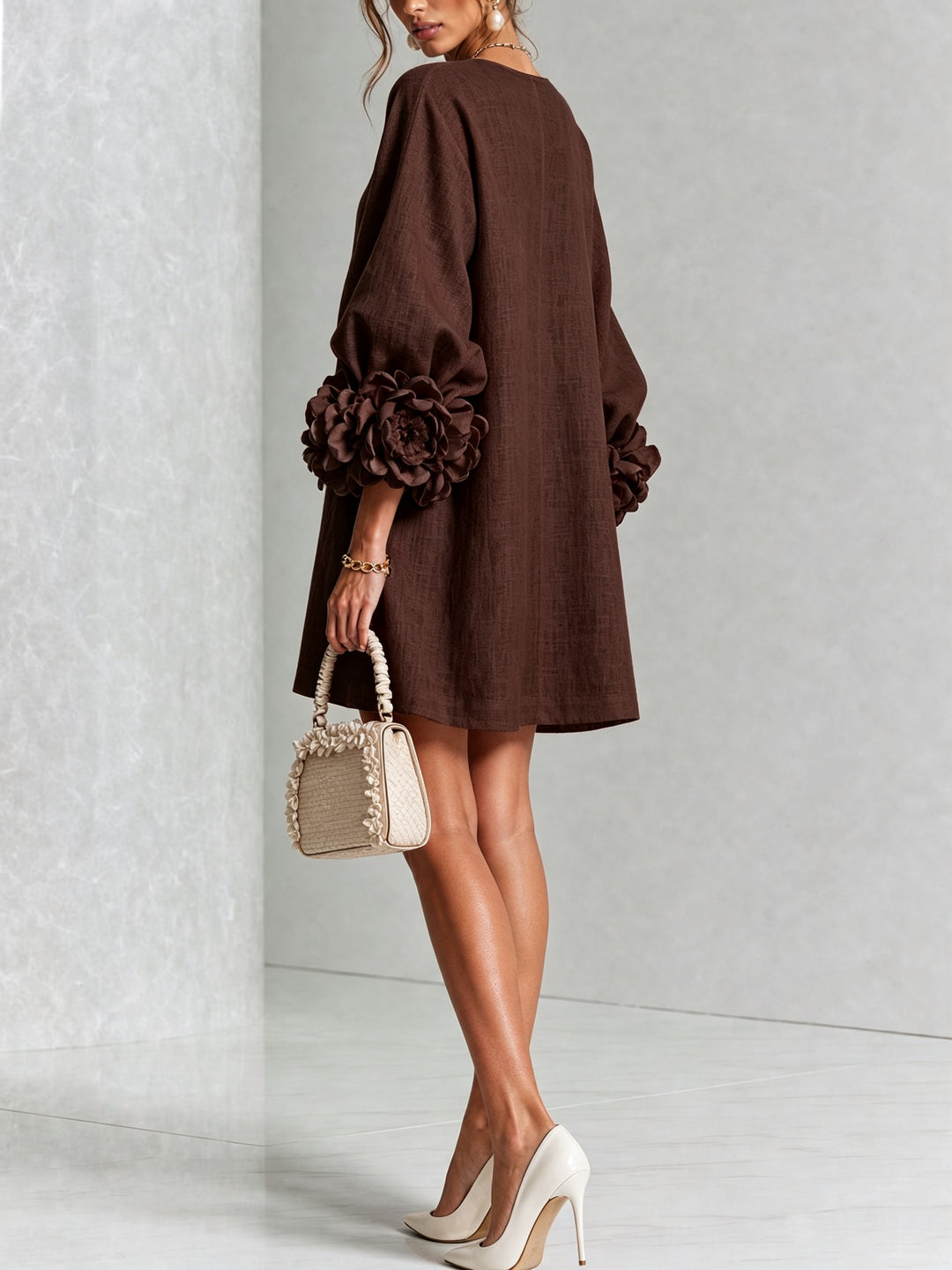 Women's Linen Mini Dress with Rose Cuffs Long Sleeve