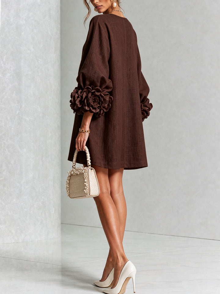 Women's Linen Mini Dress with Rose Cuffs Long Sleeve