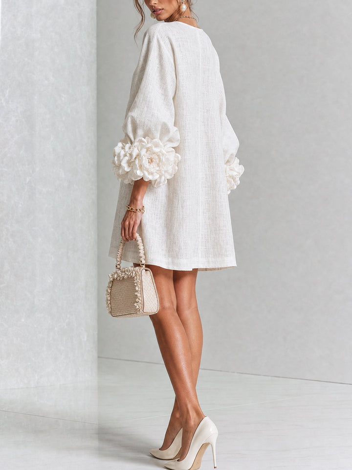 Women's Linen Mini Dress with Rose Cuffs Long Sleeve