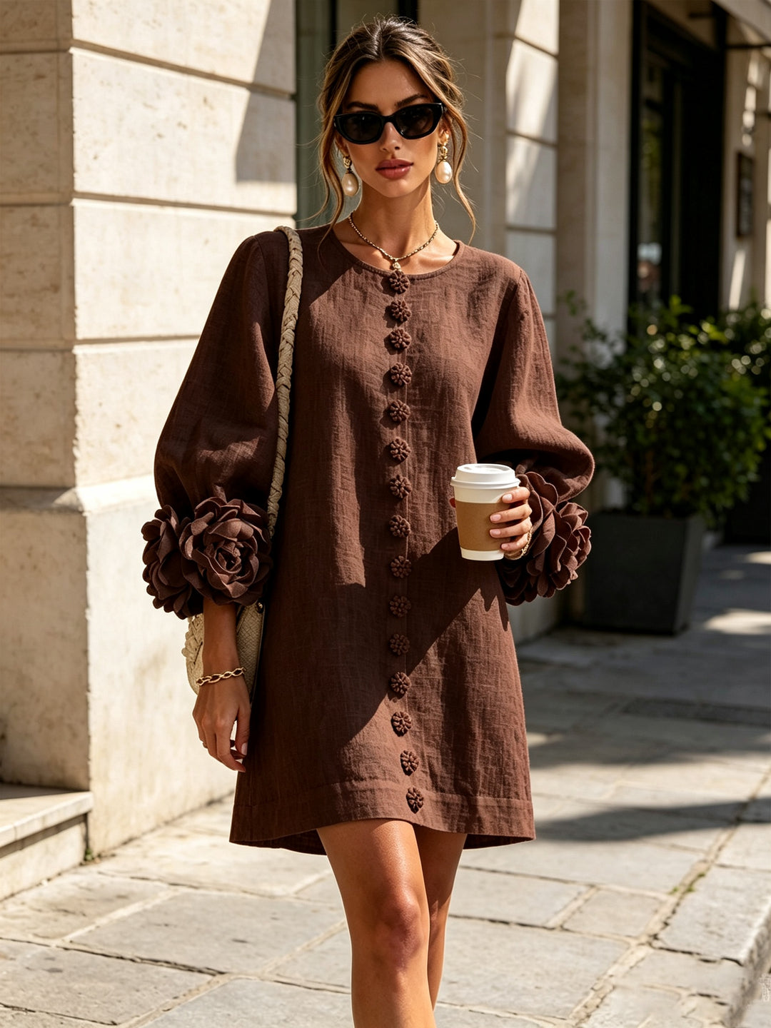 Women's Linen Mini Dress with Rose Cuffs Long Sleeve