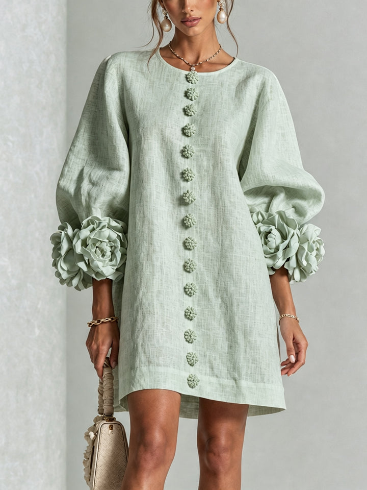 Women's Linen Mini Dress with Rose Cuffs Long Sleeve