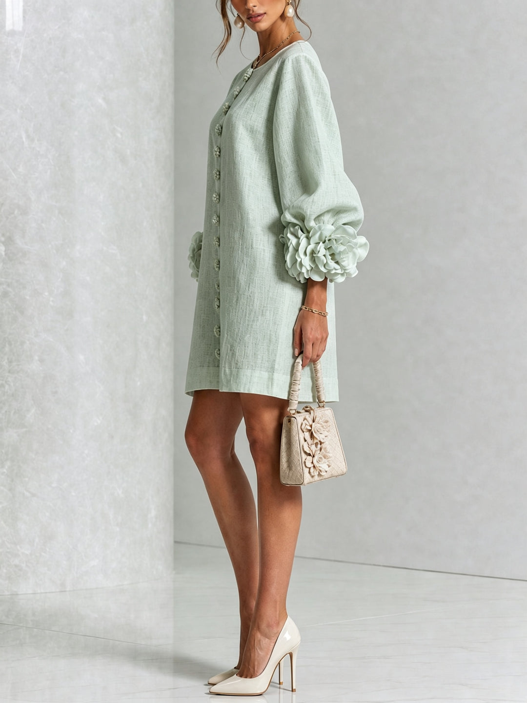 Women's Linen Mini Dress with Rose Cuffs Long Sleeve