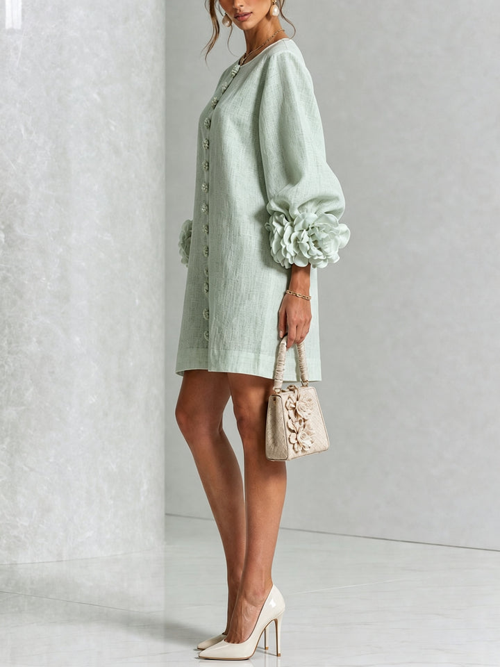 Women's Linen Mini Dress with Rose Cuffs Long Sleeve
