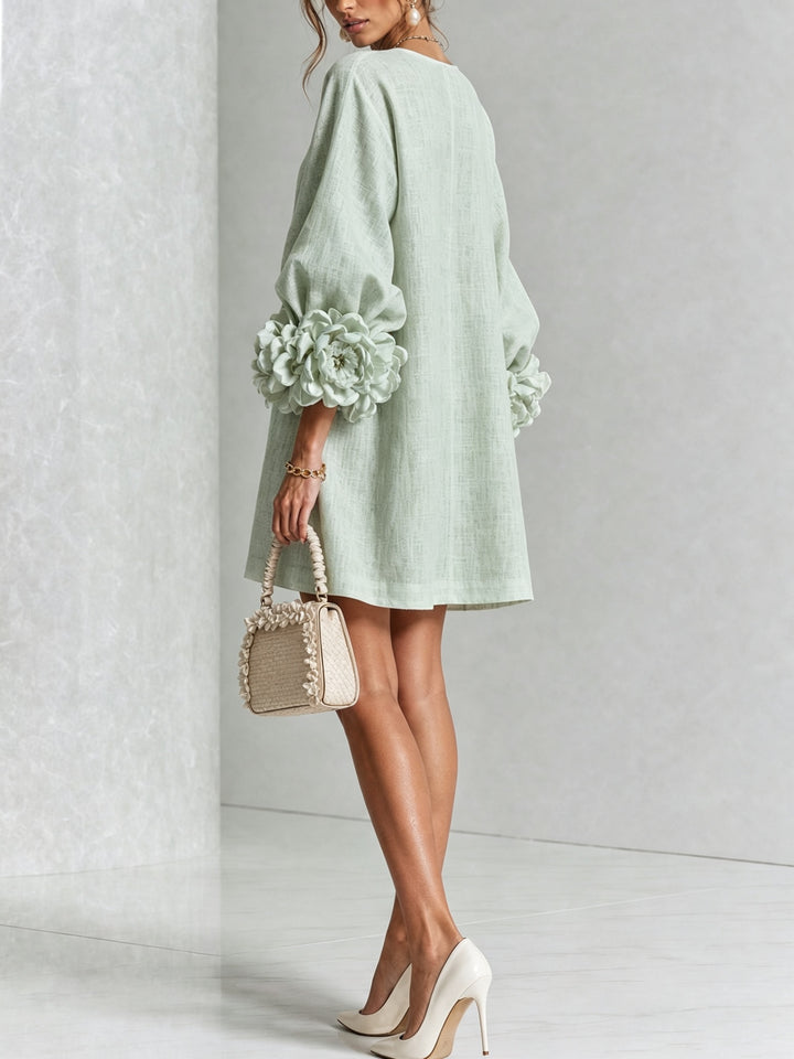 Women's Linen Mini Dress with Rose Cuffs Long Sleeve