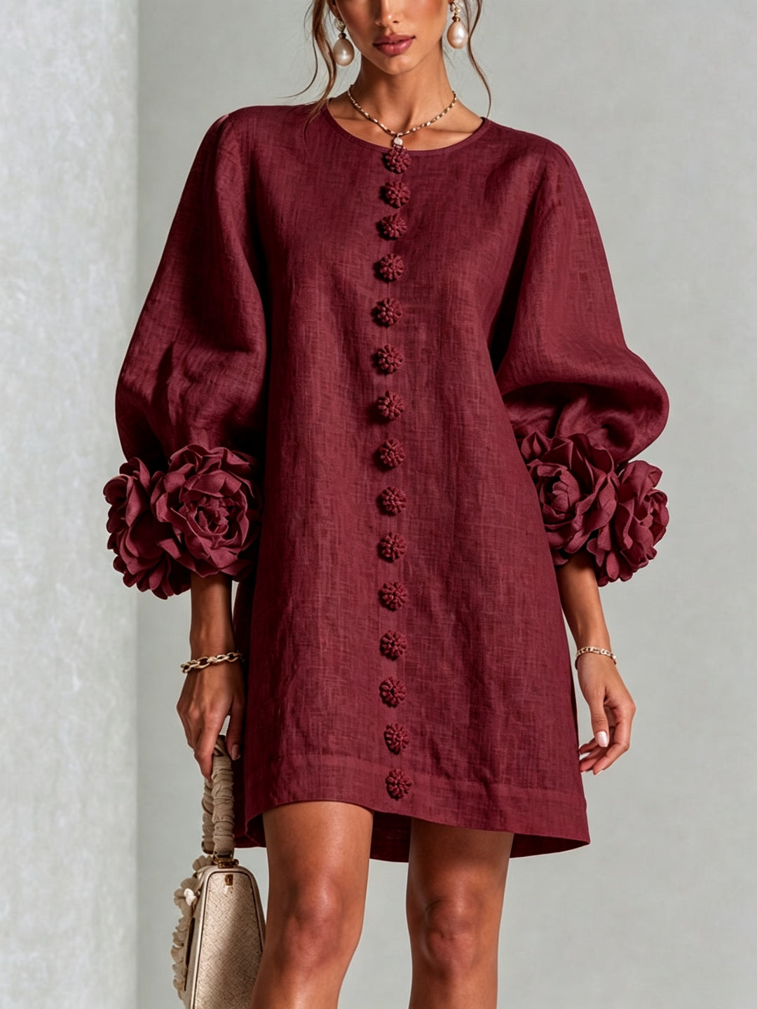 Women's Linen Mini Dress with Rose Cuffs Long Sleeve