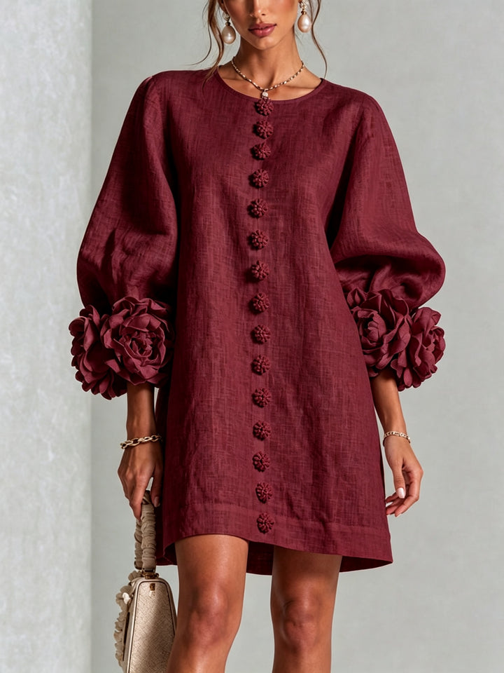 Women's Linen Mini Dress with Rose Cuffs Long Sleeve