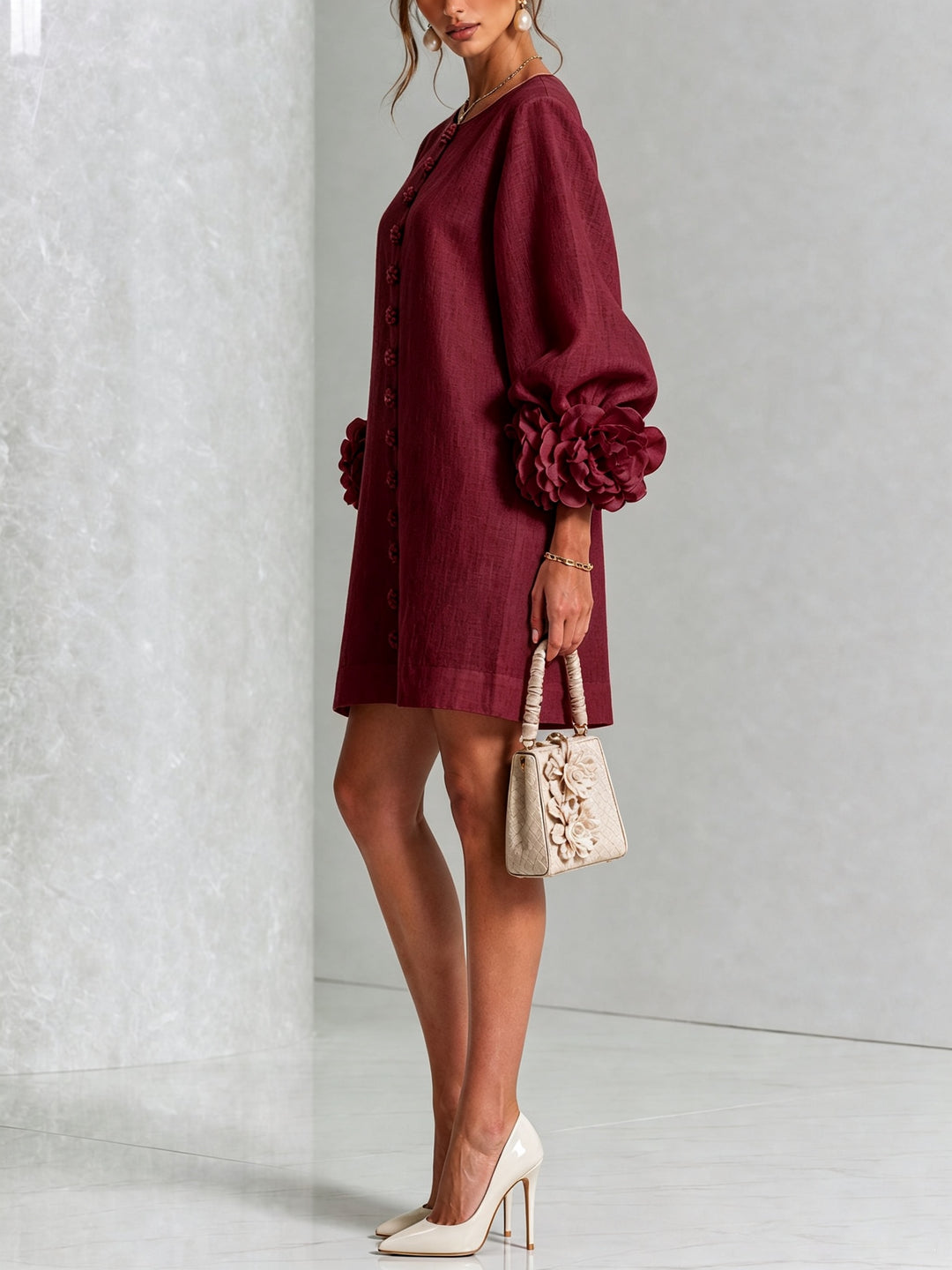 Women's Linen Mini Dress with Rose Cuffs Long Sleeve