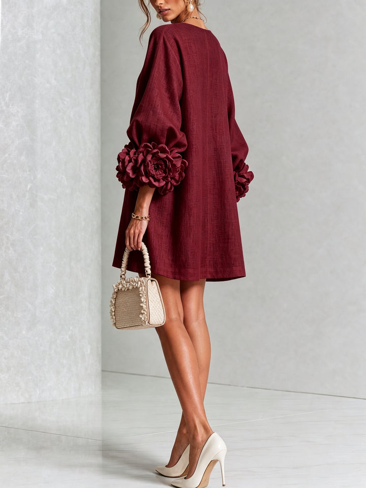 Women's Linen Mini Dress with Rose Cuffs Long Sleeve