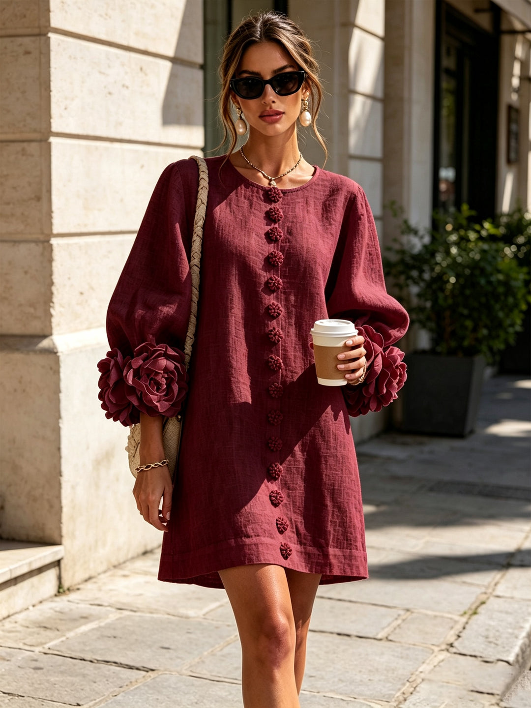 Women's Linen Mini Dress with Rose Cuffs Long Sleeve