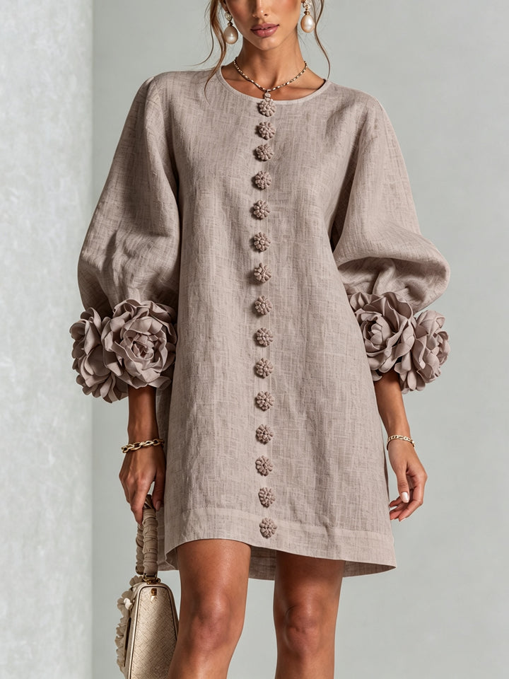 Women's Linen Mini Dress with Rose Cuffs Long Sleeve