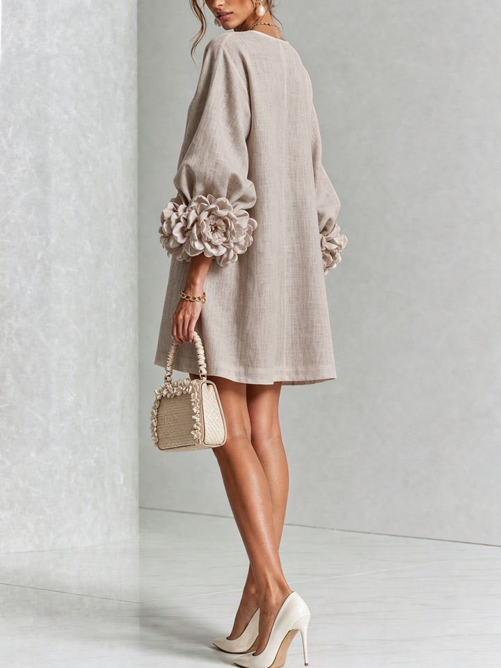 Women's Linen Mini Dress with Rose Cuffs Long Sleeve