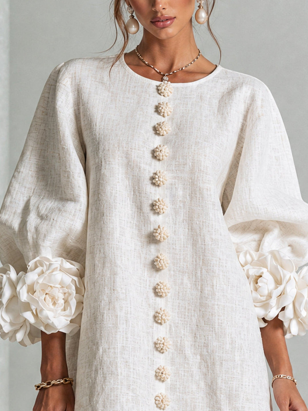 Women's Linen Mini Dress with Rose Cuffs Long Sleeve