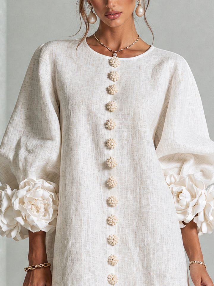 Women's Linen Mini Dress with Rose Cuffs Long Sleeve