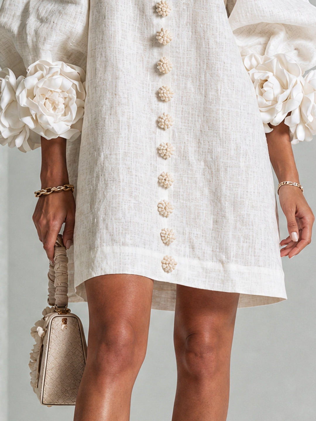 Women's Linen Mini Dress with Rose Cuffs Long Sleeve