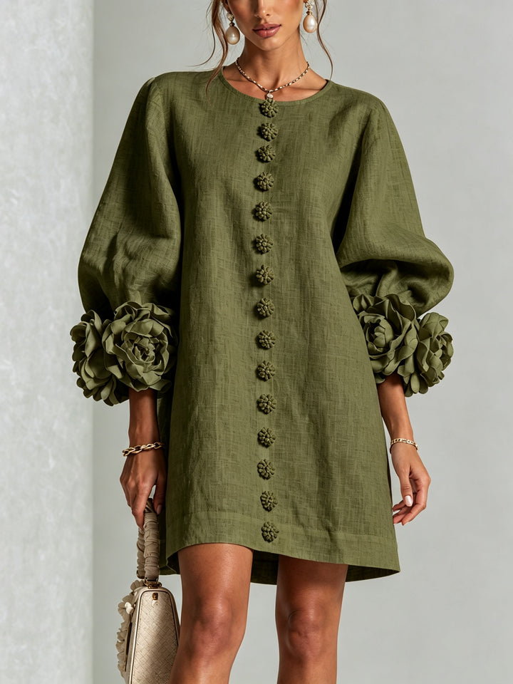 Women's Linen Mini Dress with Rose Cuffs Long Sleeve