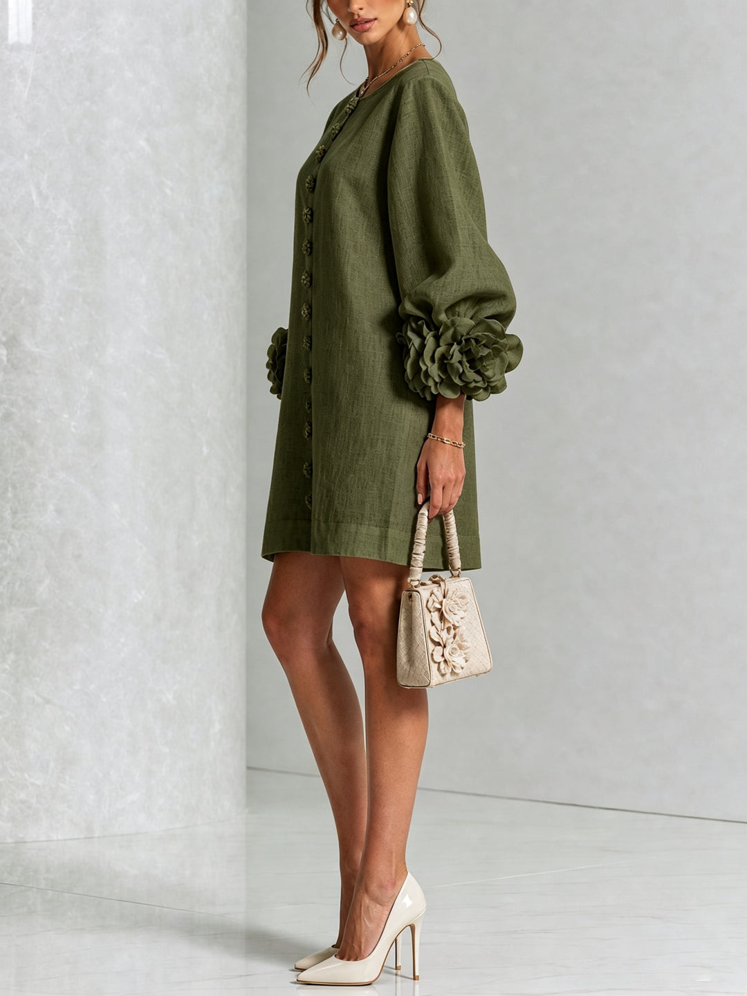 Women's Linen Mini Dress with Rose Cuffs Long Sleeve