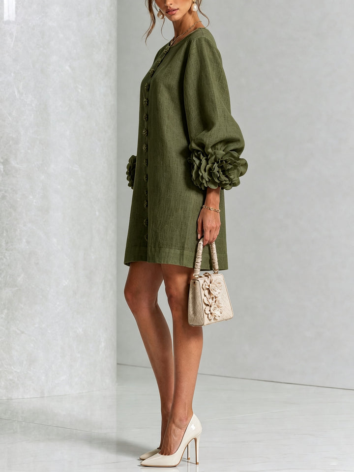 Women's Linen Mini Dress with Rose Cuffs Long Sleeve