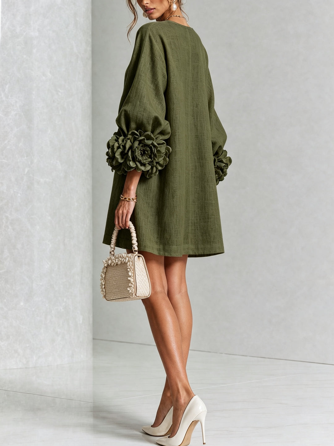 Women's Linen Mini Dress with Rose Cuffs Long Sleeve