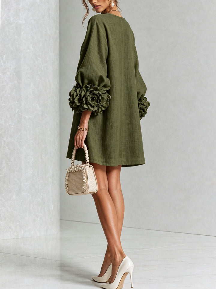 Women's Linen Mini Dress with Rose Cuffs Long Sleeve