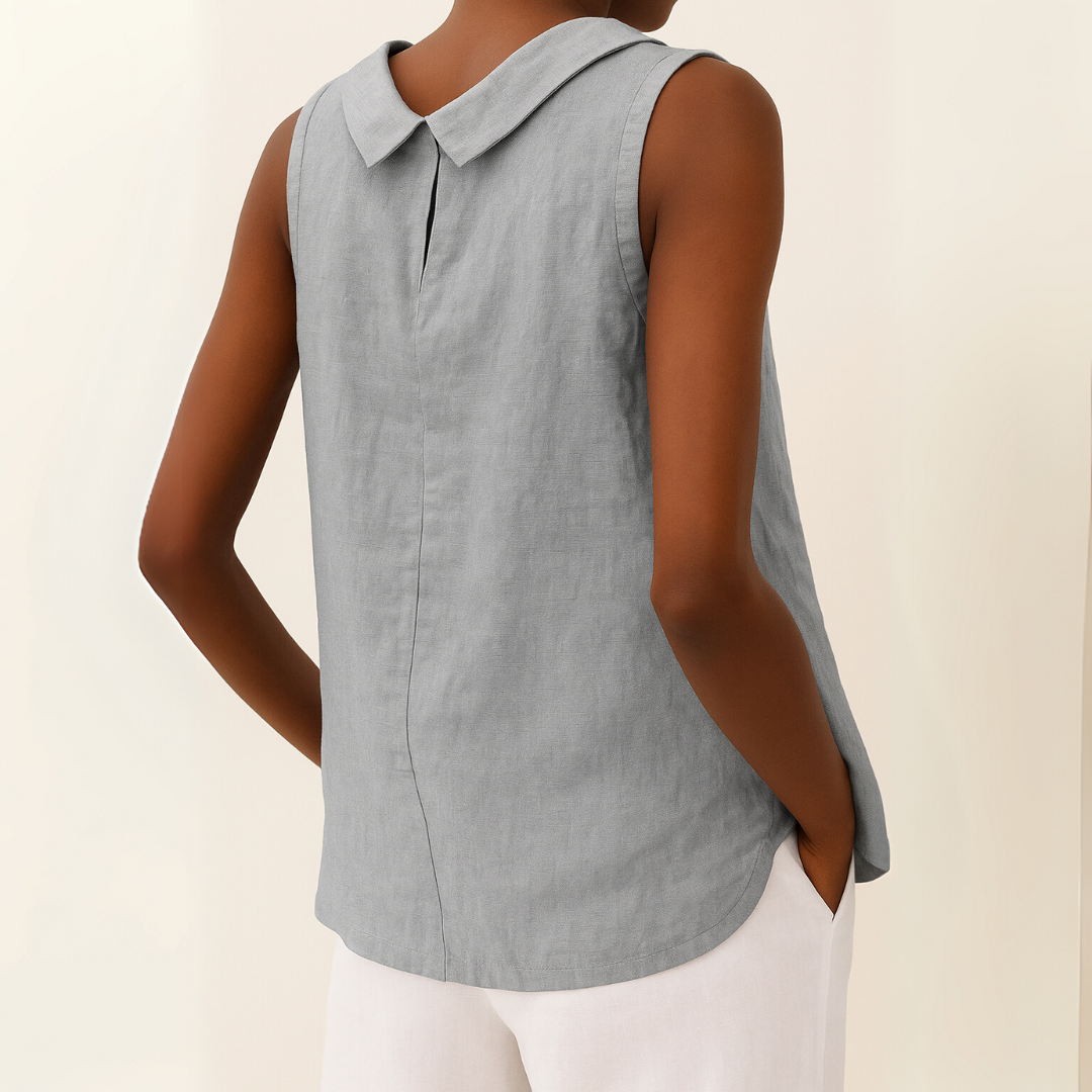 Women's Linen Top Sleeveless Summer Top with Rolled Collar