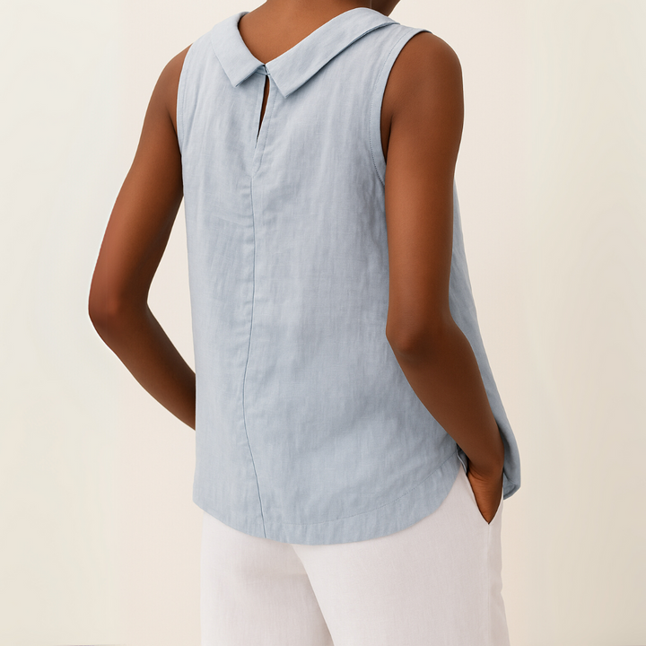 Women's Linen Top Sleeveless Summer Top with Rolled Collar