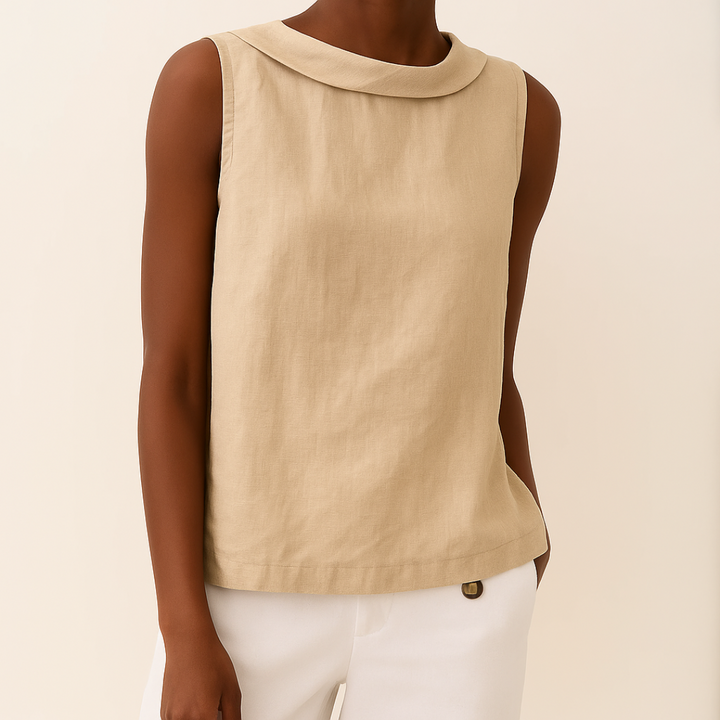 Women's Linen Top Sleeveless Summer Top with Rolled Collar