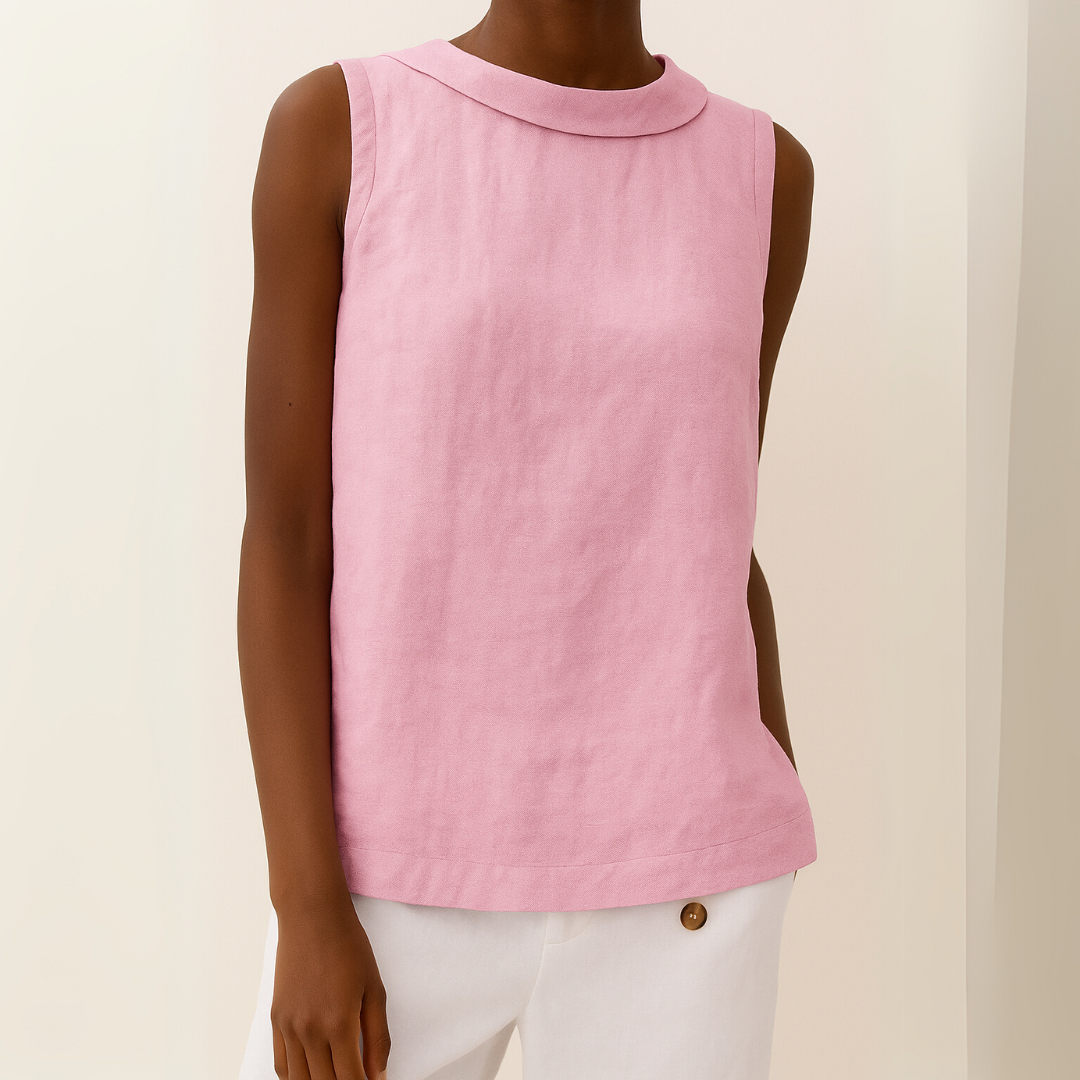 Women's Linen Top Sleeveless Summer Top with Rolled Collar