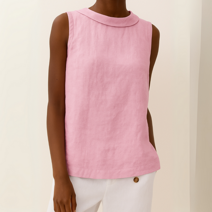 Women's Linen Top Sleeveless Summer Top with Rolled Collar