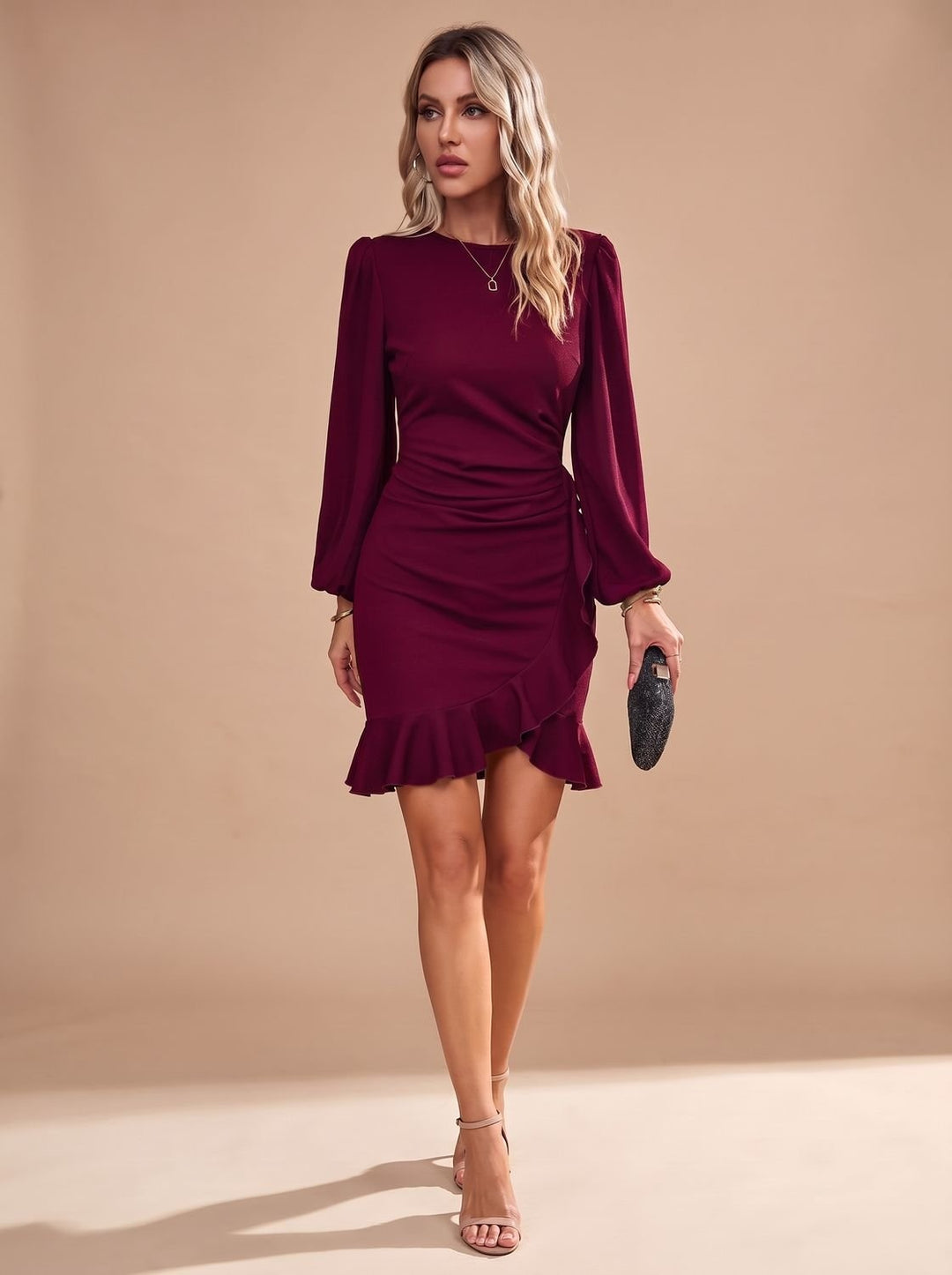 Women's Long Sleeve Cocktail Mini Dress with Ruffle Hem