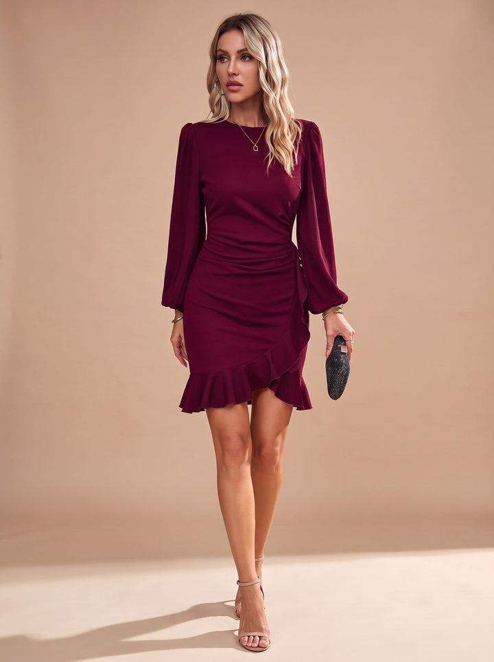 Women's Long Sleeve Cocktail Mini Dress with Ruffle Hem