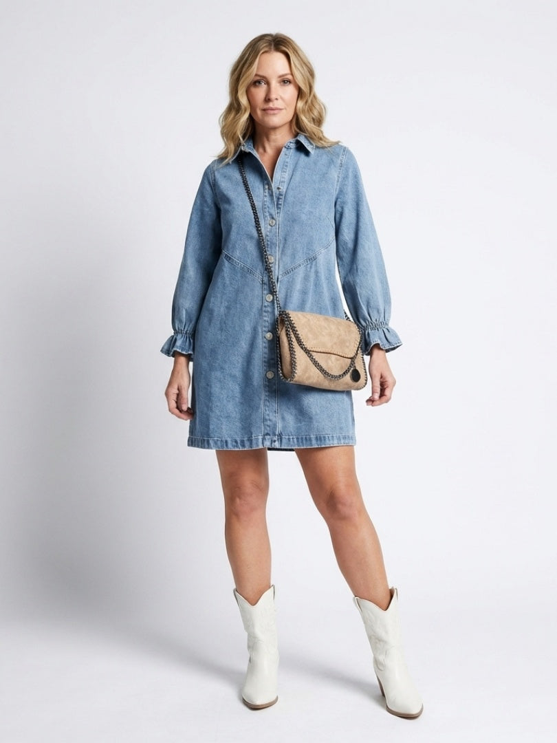Women's Long Sleeve Denim Shirt Dress with Ruffle Cuffs