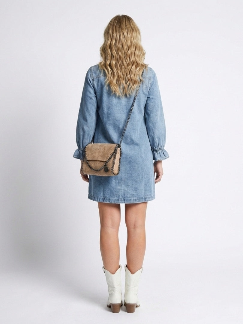 Women's Long Sleeve Denim Shirt Dress with Ruffle Cuffs