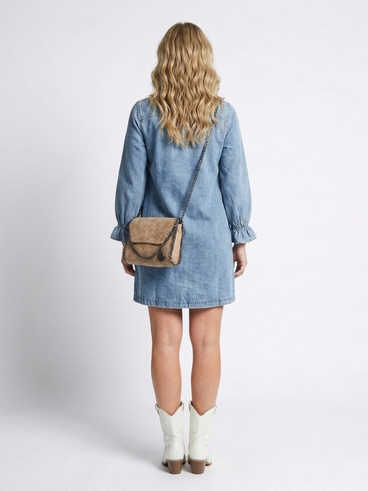 Women's Long Sleeve Denim Shirt Dress with Ruffle Cuffs