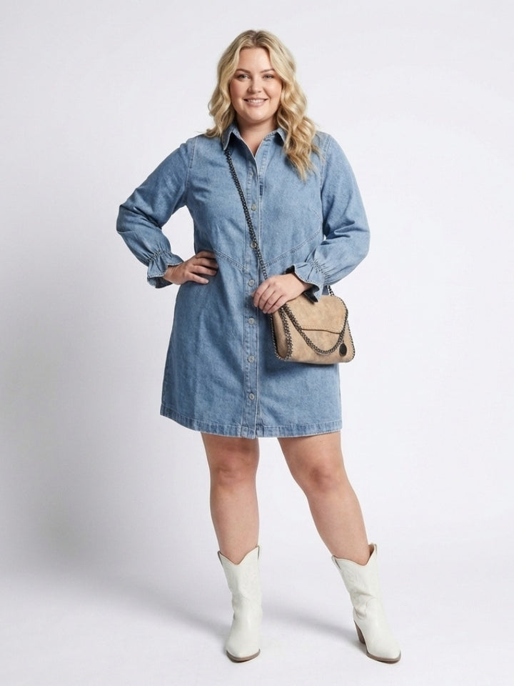 Women's Long Sleeve Denim Shirt Dress with Ruffle Cuffs