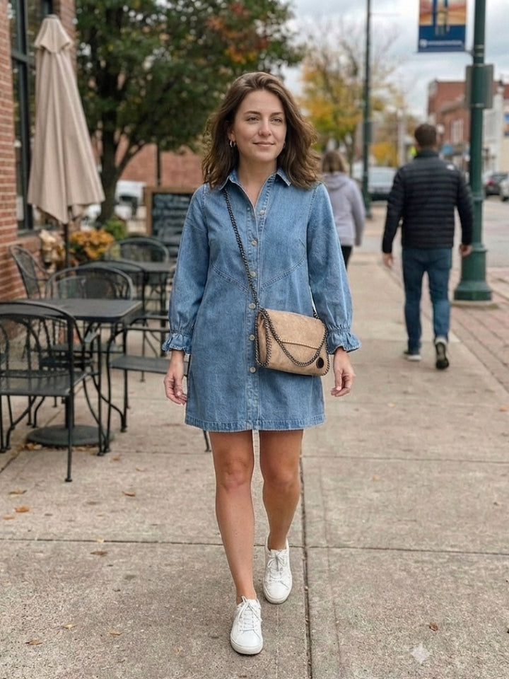 Women's Long Sleeve Denim Shirt Dress with Ruffle Cuffs