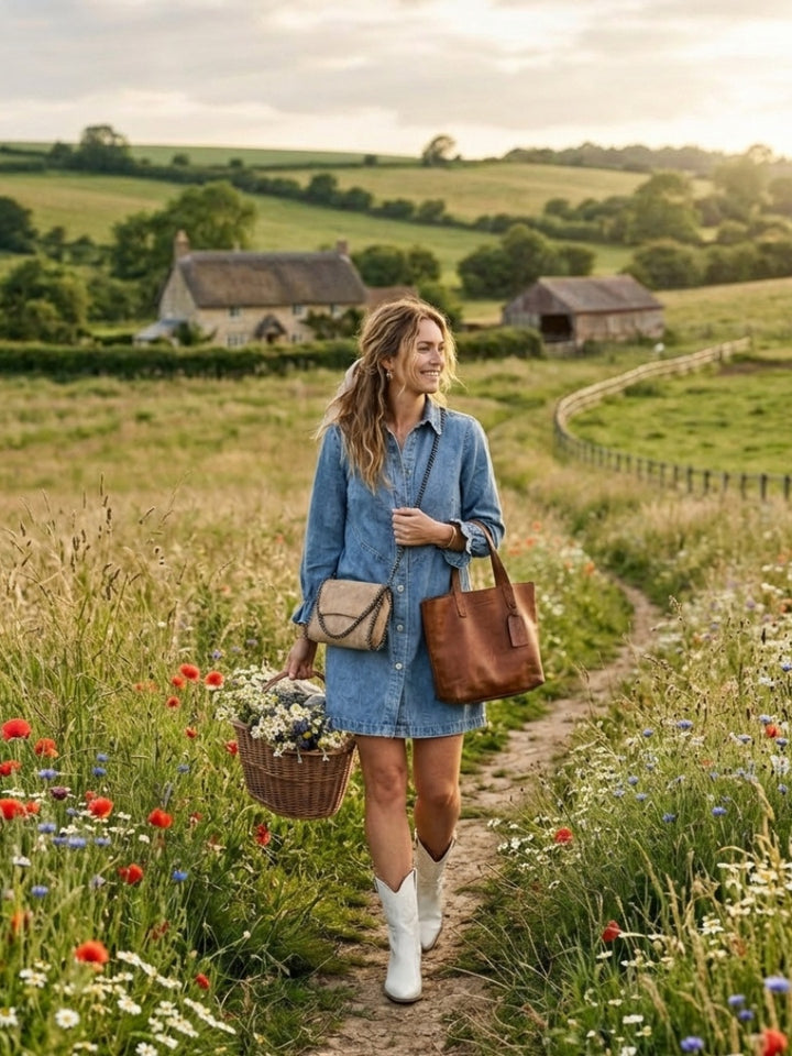 Women's Long Sleeve Denim Shirt Dress with Ruffle Cuffs
