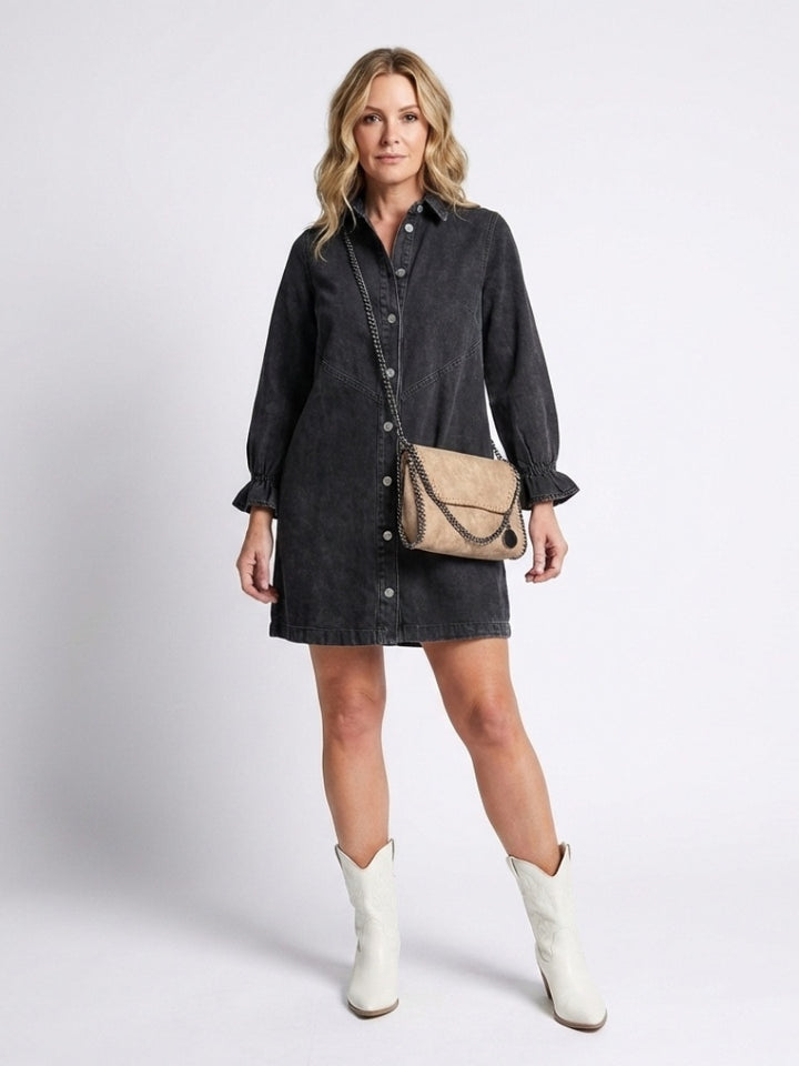 Women's Long Sleeve Denim Shirt Dress with Ruffle Cuffs